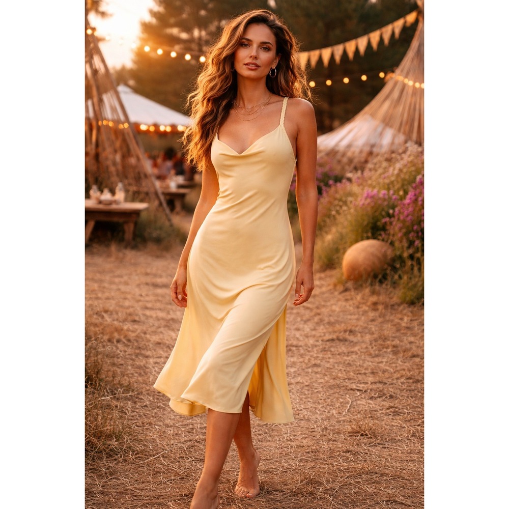Natori Satin Slip Dress Nightgown Butter Yellow Braided Cross Strap Midi Women M